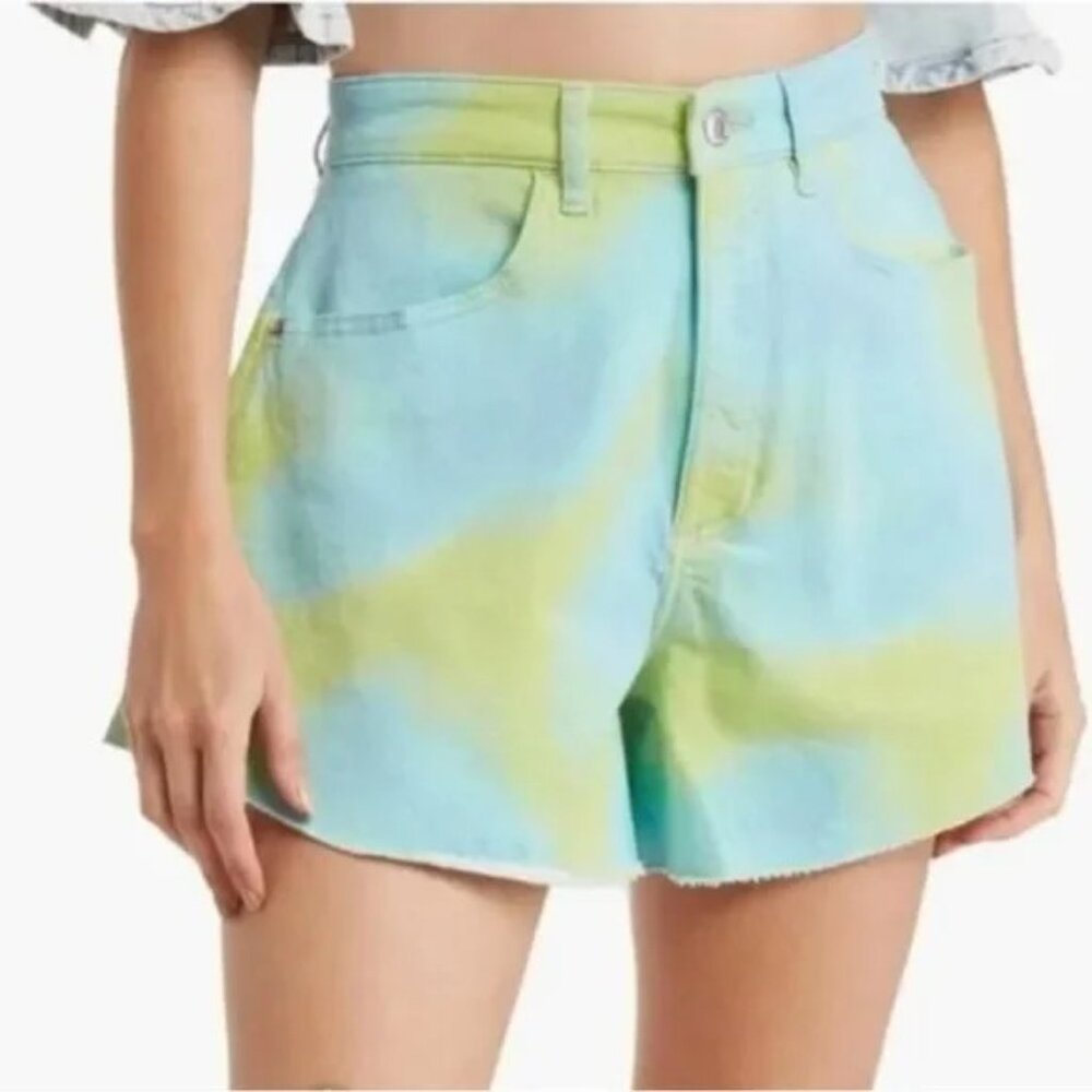 Share WeWoreWhat Flare Bell Shorts Twill Denim Frayed Hem Tie Dye Green/Blue